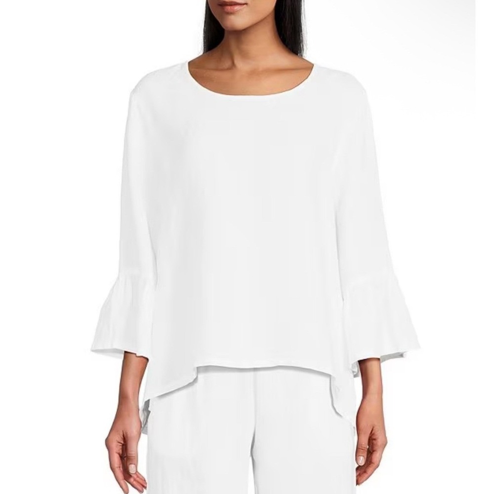 Bryn Walker Fran Basic Linen Ruffle Bell Sleeve High-Low Top White XL - Picture 2 of 14